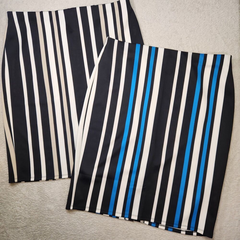 NYCC Women's Large Striped Knit Pencil Skirt Pull-On Slit Stretch Bundle